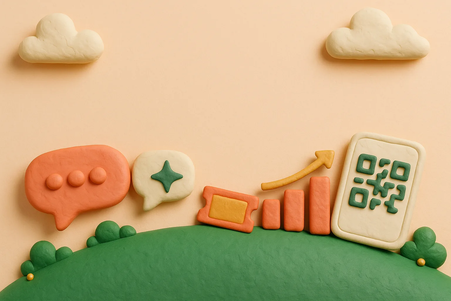 Clay-render chat bubbles, ticket, chart and QR phone on a green hill