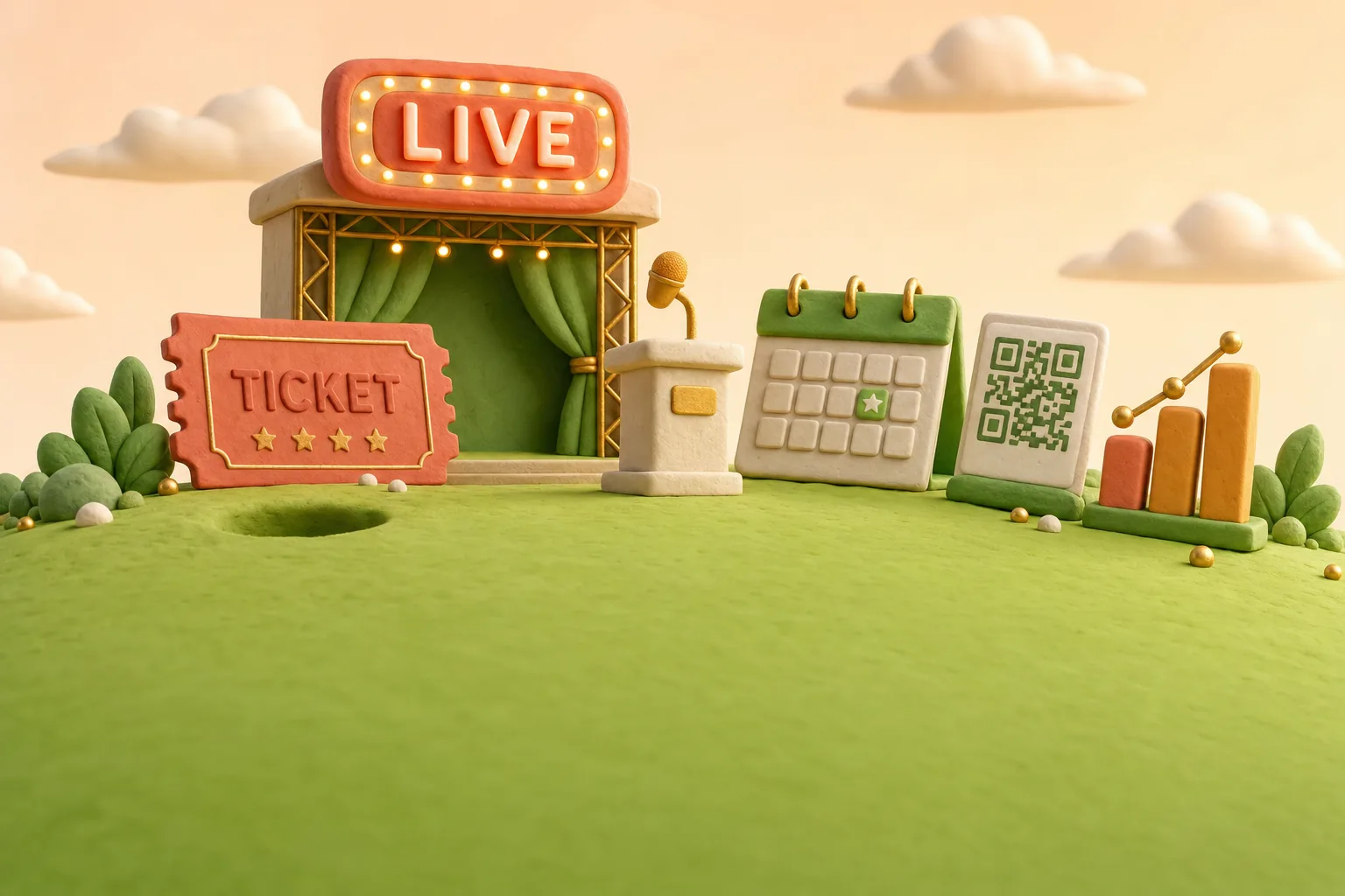 Clay-render event objects on a green hill